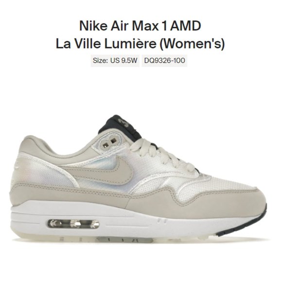 Size 9.5W / 8M - Nike Air Max 1 AMD La Ville Lumière Women - DQ9326-100 - NEW!! - Picture 1 of 9